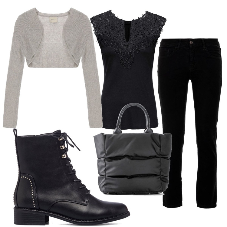 Outfit donna - Total look #1478399. Stile Trendy per Tutti i giorni. Abbinamento con top, borse a mano, jeans, bolero, anfibi.