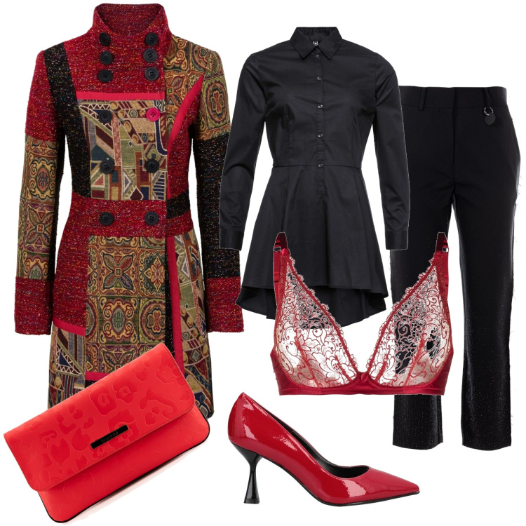Outfit donna - Total look #1478473. Stile Chic per Serata fuori. Abbinamento con camicie, cappotti, décolleté, pochette, pantaloni, reggiseni.