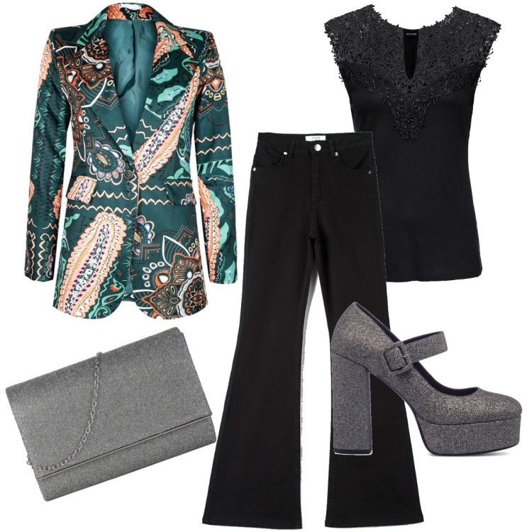 Outfit donna - Festa anni 60. Stile Glamour per Serata fuori. Abbinamento con top, pantaloni, blazer, pochette, décolleté.