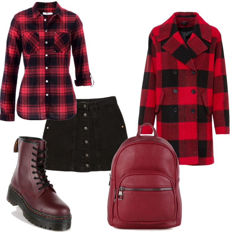 Outfit donna - Total look #1478632. Stile Urban per Scuola/Università. Abbinamento con camicie, cappotti, zaini, anfibi, minigonne.