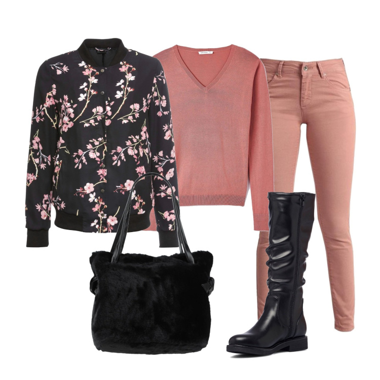 Outfit donna - Il bomber a fiori. Stile Casual chic per Tutti i giorni. Abbinamento con bomber, borse a mano, maglieria, pantaloni skinny, stivali.