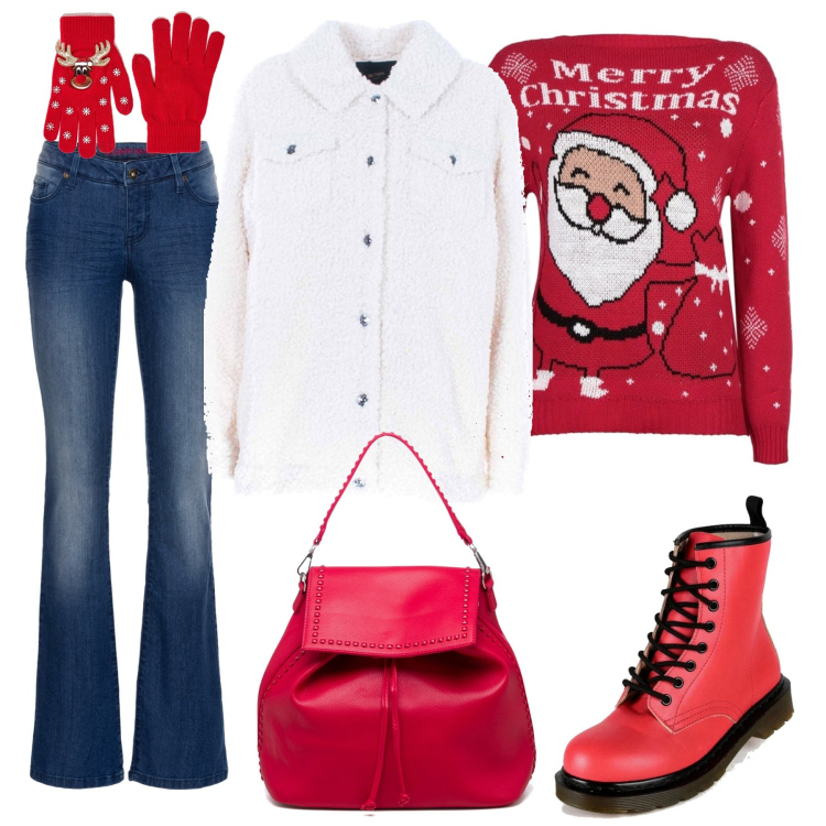 Outfit donna - Mood Natalizio. Stile Casual per Tutti i giorni. Abbinamento con jeans bootcut, guanti, maglieria, anfibi, giacche, zaini.