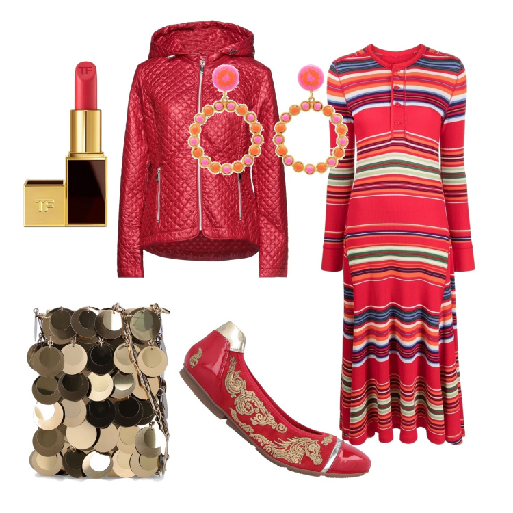 Outfit donna - Total look #1479092. Stile Chic per Serata fuori. Abbinamento con ballerine, piumini, vestiti lunghi, rossetti, orecchini, borse a spalla.