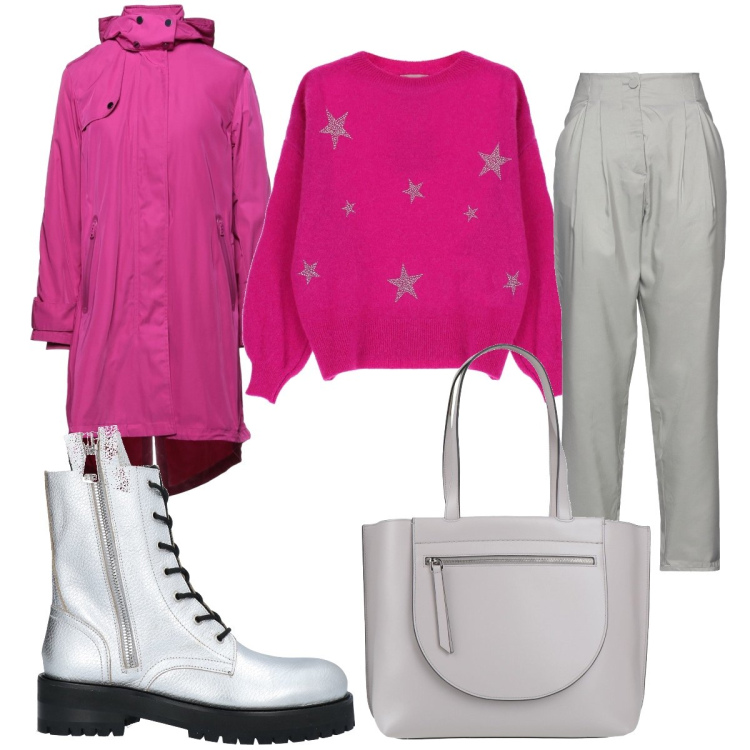 Outfit donna - Maglioncino fucsia e stelline argento. Stile Casual per Tutti i giorni. Abbinamento con stivaletti, cappotti, pantaloni, borse a mano, maglieria.