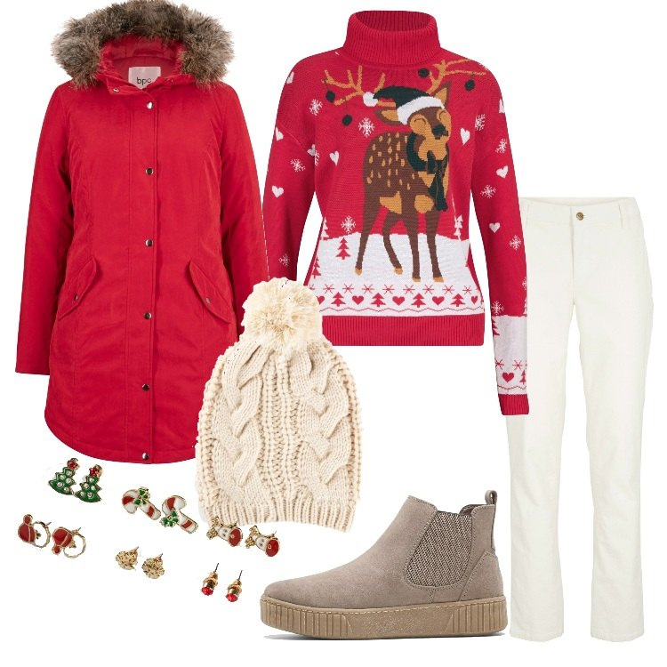 Outfit donna - BonPrix - Christmas Edition 2022. Stile Casual per Tutti i giorni. Abbinamento con maglieria, parka, stivaletti, maglieria, berretti, orecchini.