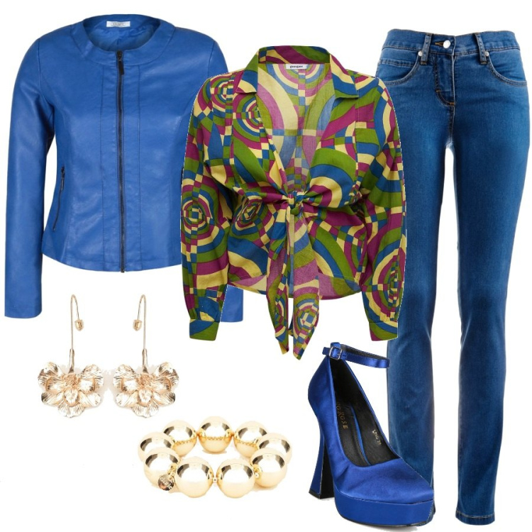 Outfit donna - Colorful. Stile Trendy per Tutti i giorni. Abbinamento con jeans dritti, giacche, décolleté, braccialetti, orecchini, camicie.