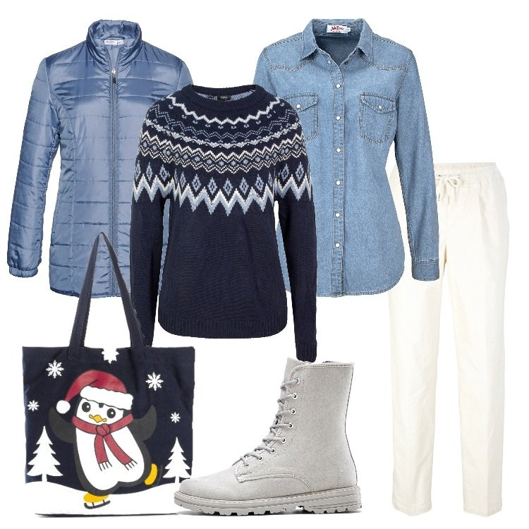 Outfit donna - Christmas Casual BonPrix. Stile Casual per Tutti i giorni. Abbinamento con camicie, maglieria, giacche, pantaloni, stivaletti, shopping bag.