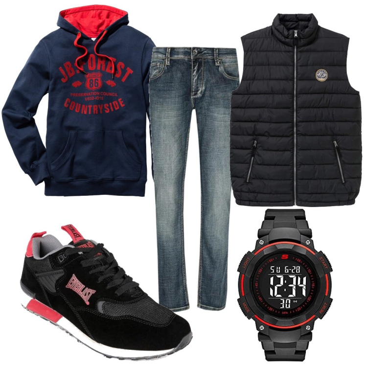 Outfit uomo - L’orologio sportivo. Stile Trendy per Tutti i giorni. Abbinamento con felpe con cappuccio, gilet, sneakers, jeans, orologi digitali.