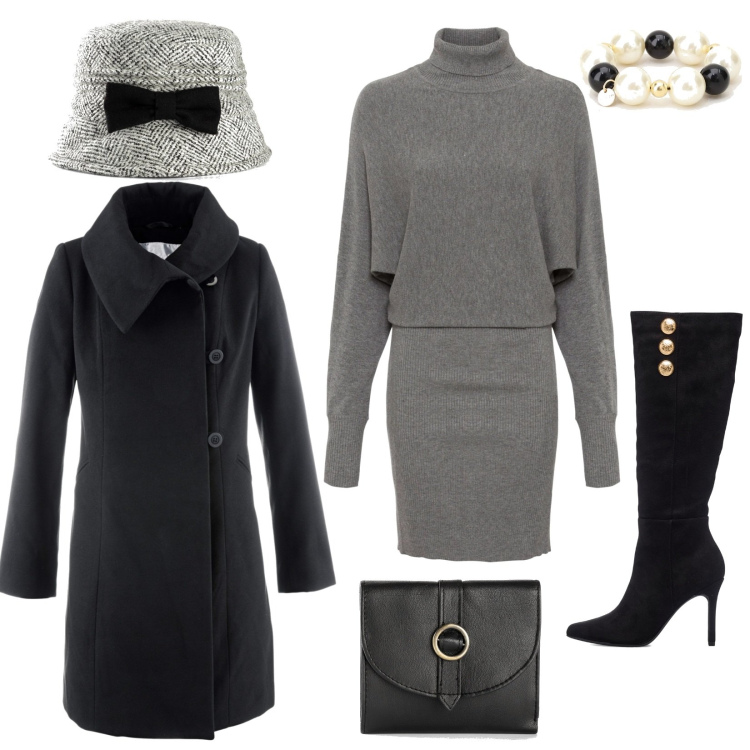 Outfit donna - L\'originale cappellino. Stile Chic per Serata fuori. Abbinamento con vestiti, cappotti, cappelli con visiera, portafogli, braccialetti, stivali sopra il ginocchio.