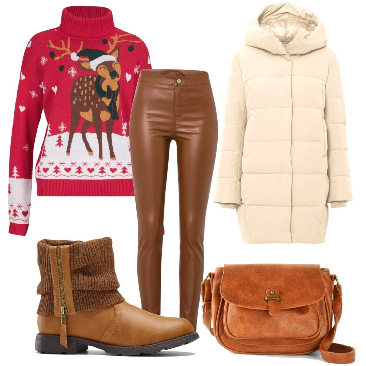 Outfit donna - Bonprix proposta natalizia. Stile Casual per Tutti i giorni. Abbinamento con borse a tracolla, stivaletti, giacche, pantaloni, maglieria.