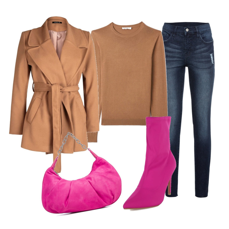 Outfit donna - Stivaletti fucsia. Stile Casual chic per Tutti i giorni. Abbinamento con jeans strappati, cappotti, stivaletti, maglieria, borse a mano.