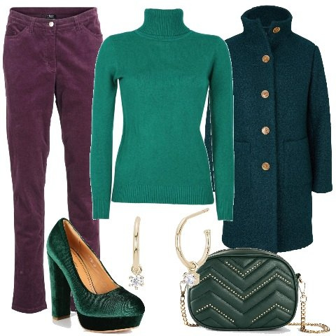 Outfit donna - Abbina il verde smeraldo. Stile Glamour per Serata fuori. Abbinamento con cappotti, pantaloni, borse a tracolla, maglieria, décolleté, orecchini.