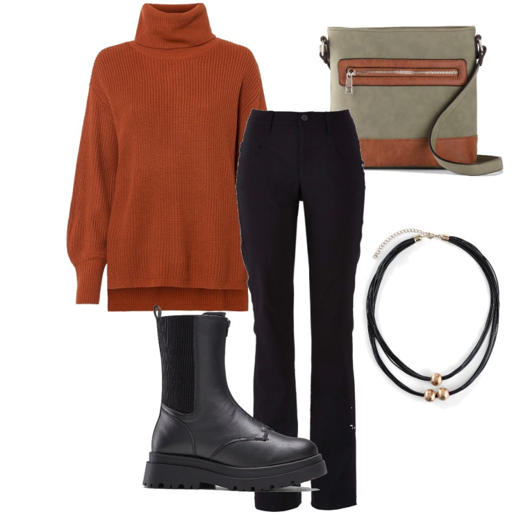 Outfit donna - Una dolcevita avvolgente. Stile Casual per Tutti i giorni. Abbinamento con pantaloni, maglieria, stivaletti chelsea, borse a tracolla, collane.