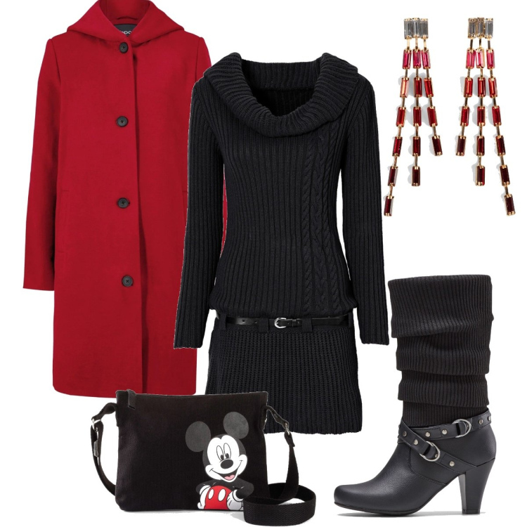 Outfit donna - Topolino a Natale. Stile Trendy per Serata fuori. Abbinamento con stivali, orecchini, vestiti, cappotti, borse a tracolla.