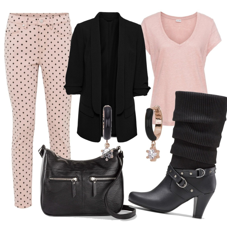 Outfit donna - Casual #20841. Stile Casual per Tutti i giorni. Abbinamento con stivali, blazer, pantaloni, borse a tracolla, maglieria, orecchini.