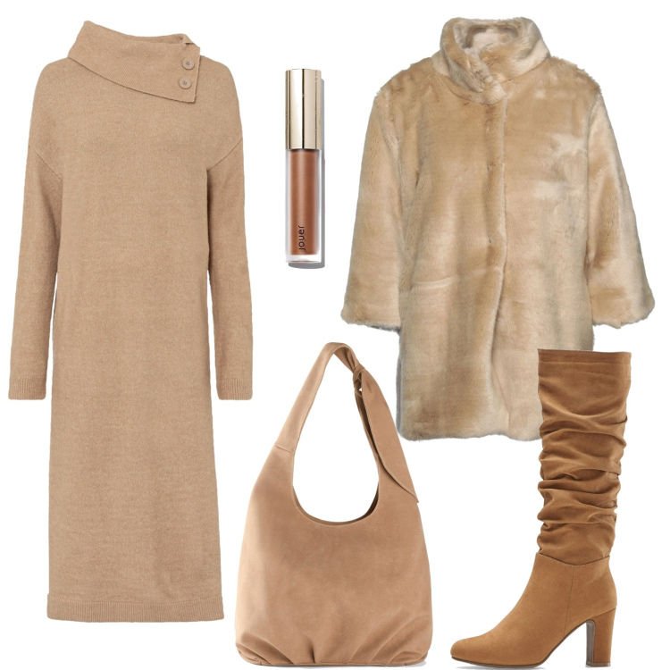 Outfit donna - Festività in beige. Stile Chic per Tutti i giorni. Abbinamento con cappotti, vestiti chemisier, stivali, borse a tracolla, correttori.