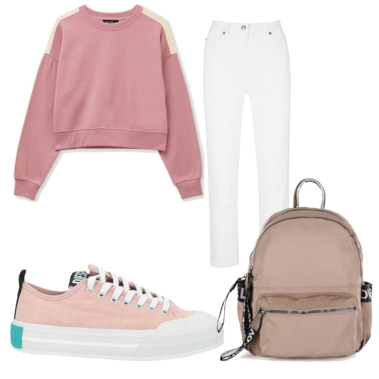 Outfit donna - Zaino rosa polvere. Stile Basic per Tutti i giorni. Abbinamento con pantaloni, sneakers, zaini, felpe.