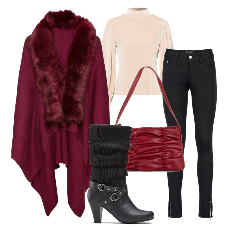Outfit donna - Una mantella per i giorni di festa. Stile Trendy per Tutti i giorni. Abbinamento con pantaloni, cappotti, borse a mano, maglieria, stivali.