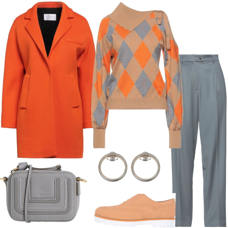 Outfit donna - Total look #1480008. Stile Casual chic per Tutti i giorni. Abbinamento con scarpe stringate, maglieria, cappotti, pantaloni, borse a tracolla, orecchini.