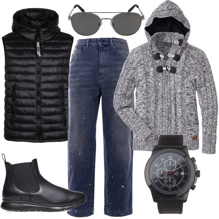 Outfit uomo - Maglione con cappuccio. Stile Casual per Tutti i giorni. Abbinamento con maglieria, piumini, stivali e stivaletti, jeans, orologi analogici, occhiali da sole.