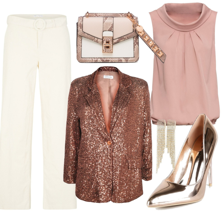 Outfit donna - Curvy scintillante. Stile Glamour per Serata fuori. Abbinamento con top, pantaloni, blazer, décolleté, orecchini, borse a tracolla.
