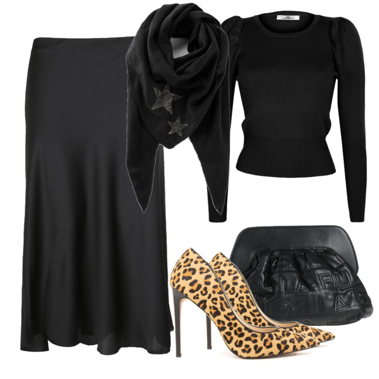 Outfit donna - La décolleté animalier. Stile Trendy per Serata fuori. Abbinamento con foulard, borse a mano, pullovers, gonne lunghe, décolleté.
