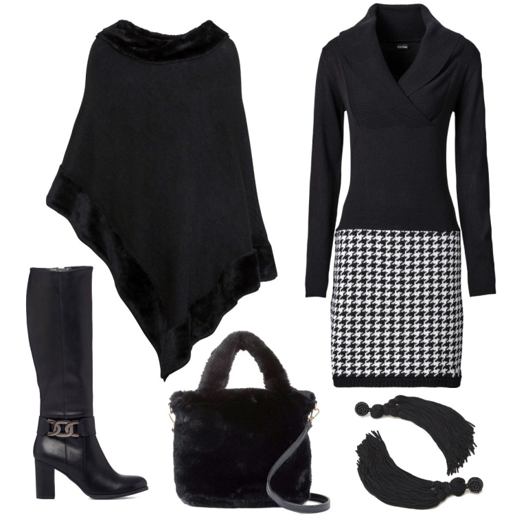 Outfit donna - Pied de poule. Stile Glamour per Serata fuori. Abbinamento con vestiti, cappotti, borse a mano, orecchini, stivali.