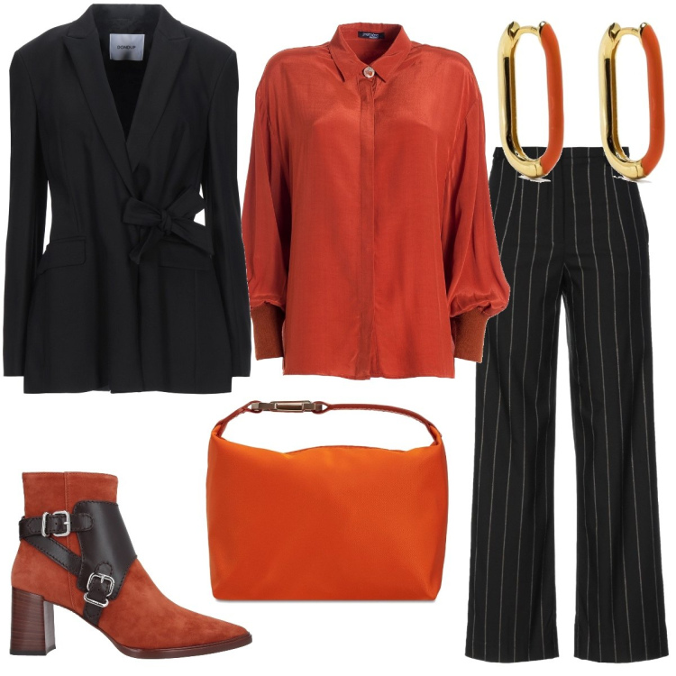 Outfit donna - Ufficio. Stile Mannish per Ufficio. Abbinamento con stivaletti, pantaloni, blazer, camicie, orecchini, borse a mano.