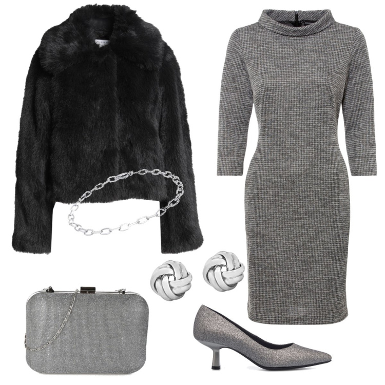 Outfit donna - Eleganza in grigio. Stile Chic per Serata fuori. Abbinamento con cappotti, vestiti, pochette, décolleté, orecchini, braccialetti.