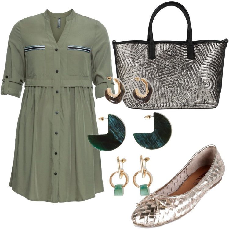 Outfit donna - Borsa grande champagne. Stile Basic per Tutti i giorni. Abbinamento con vestiti chemisier, borse a mano, ballerine, orecchini.
