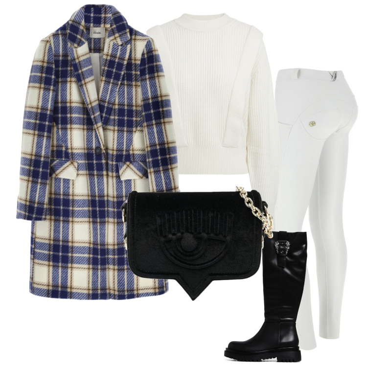 Outfit donna - Bianco come la neve. Stile Casual chic per Tutti i giorni. Abbinamento con pullovers, stivali, borse a tracolla, cappotti, pantaloni skinny.