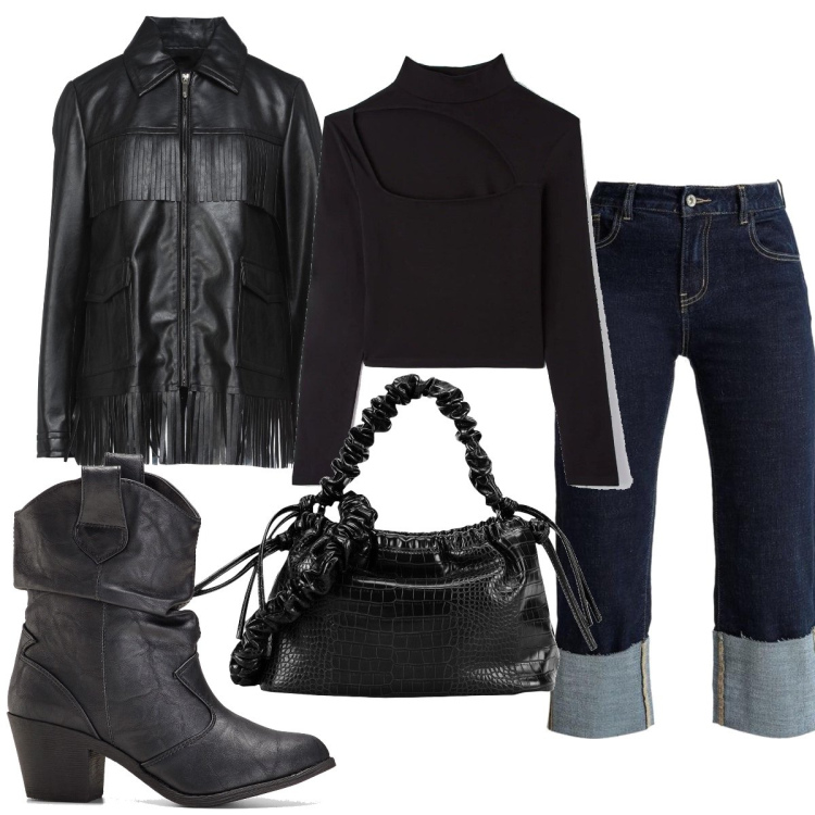 Outfit donna - Total look #1480721. Stile Trendy per Tutti i giorni. Abbinamento con stivaletti texani, giacche, borse a mano, t-shirt, jeans.