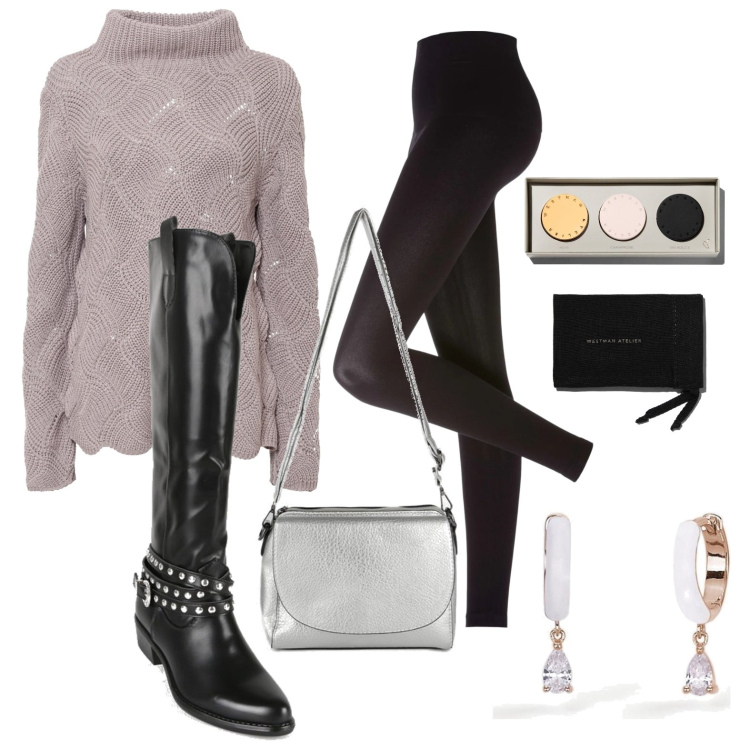 Outfit donna - Camperos. Stile Basic per Tutti i giorni. Abbinamento con leggings, maglieria, stivaletti texani, borse a tracolla, orecchini, ombretti.