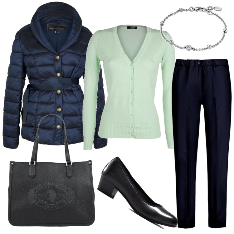 Outfit donna - Eleganza con le décolleté basse. Stile Bon Ton per Ufficio. Abbinamento con décolleté, giacche, borse a mano, pantaloni, cardigans, braccialetti.