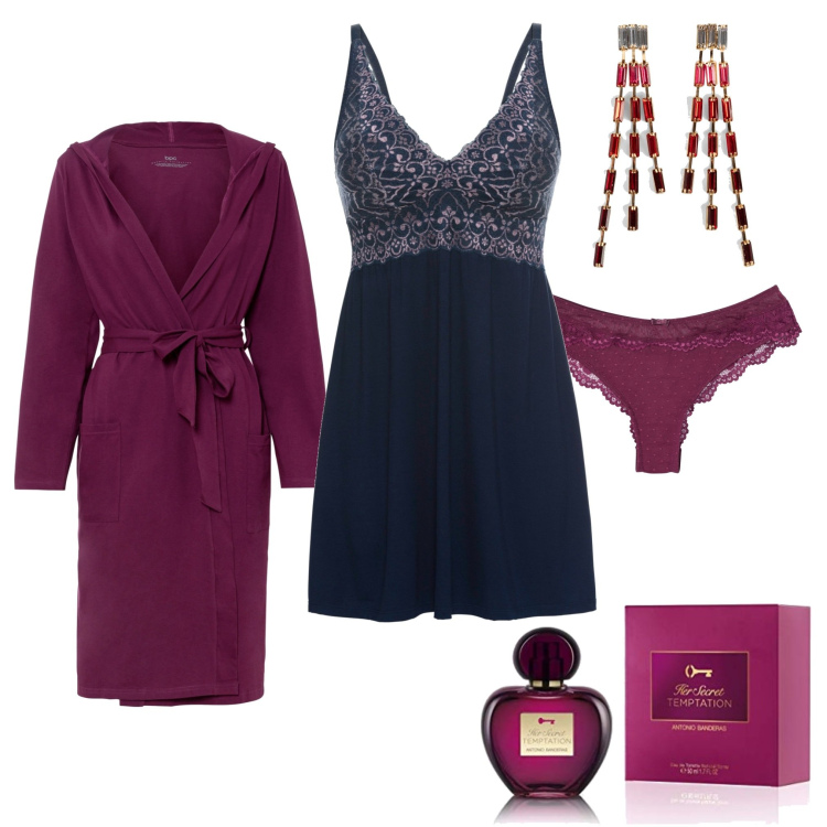 Outfit donna - Una serata particolare. Stile Sexy per Tutti i giorni. Abbinamento con vestaglie, orecchini, accappatoi, slip, profumi.