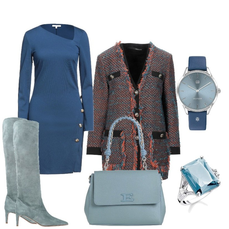 Outfit mujer - Comida de Navidad. Estilo Preppy para Ceremonia. Combinación con relojes analógicos, anillos, vestidos cortos, trench, bolsos de mano, botas.