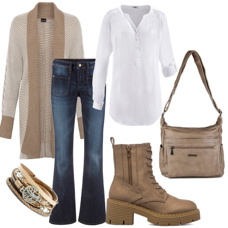 Outfit donna - I colori del deserto. Stile Etnico per Ufficio. Abbinamento con tuniche, braccialetti, cardigans, jeans bootcut, borse a tracolla, anfibi.