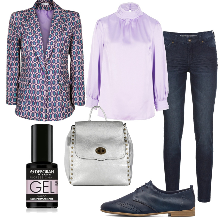 Outfit donna - Casual chic. Stile Casual chic per Ufficio. Abbinamento con jeans skinny, tuniche, blazer, zaini, scarpe stringate, smalti.
