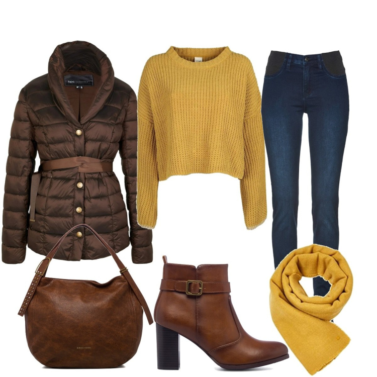 Outfit donna - Total look #1481158. Stile Casual per Tutti i giorni. Abbinamento con jeans skinny, giacche, maglieria, stivaletti, borse a spalla, sciarpe.