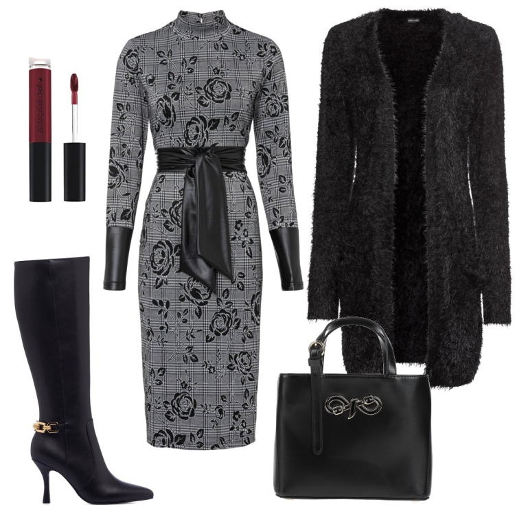 Outfit donna - Eleganza in tacchi a spillo. Stile Chic per Serata fuori. Abbinamento con cardigans, vestiti midi/longuette, borse a mano, stivali sopra il ginocchio, rossetti.