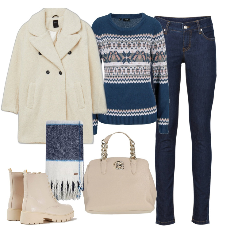 Outfit donna - Fa freddo. Stile Casual per Tutti i giorni. Abbinamento con jeans skinny, maglieria, borse a mano, anfibi, cappotti, sciarpe.
