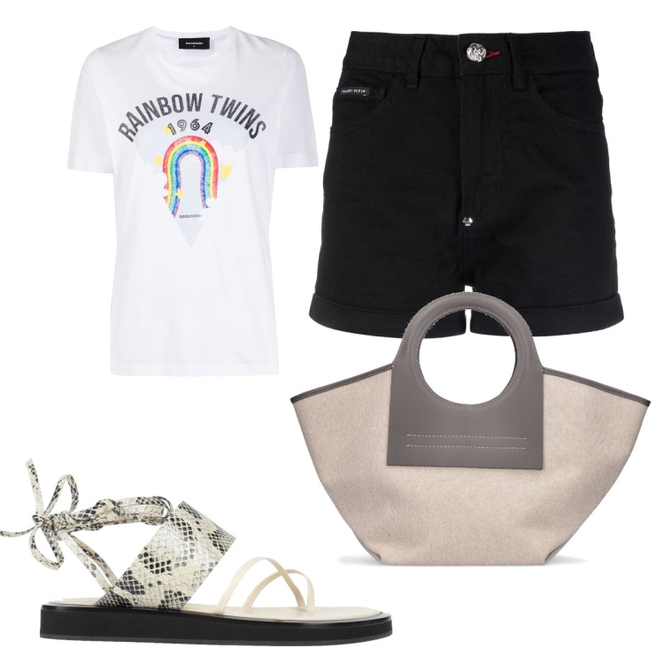 Outfit donna - Pantaloncino nero. Stile Basic per Tutti i giorni. Abbinamento con infradito, t-shirt, pantaloni, shopping bag.