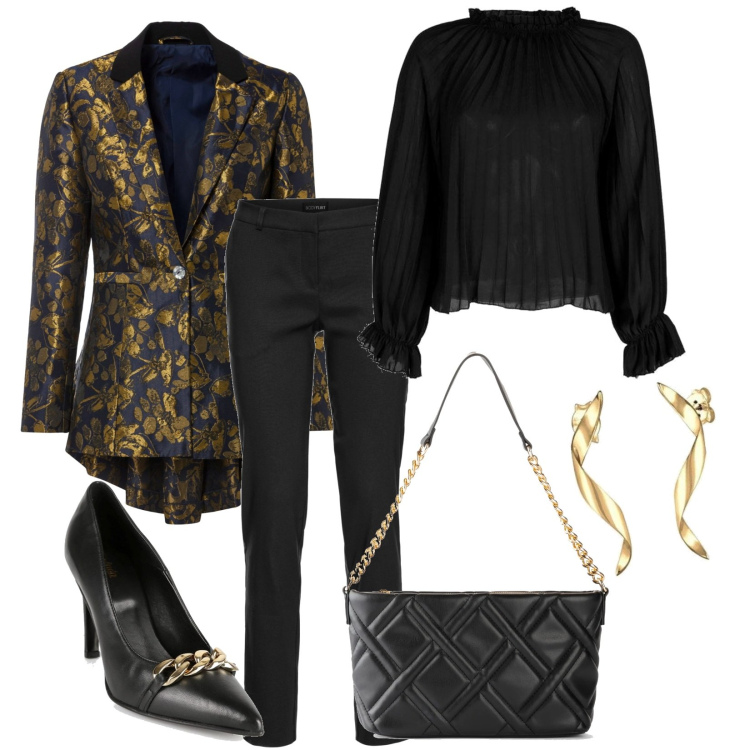 Outfit donna - Serata elegante. Stile Casual chic per Serata fuori. Abbinamento con pantaloni, blazer, borse a mano, bluse, décolleté, orecchini.