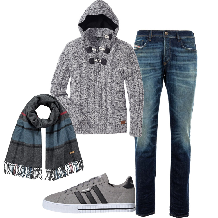 Outfit uomo - Il maglione con cappuccio. Stile Casual per Tutti i giorni. Abbinamento con maglieria, jeans, sneakers, sciarpe.