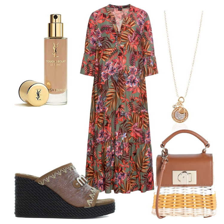 Outfit donna - Cerimonia etnico-chic. Stile Etnico per Cerimonia. Abbinamento con vestiti lunghi, borse a mano, zeppe, collane, fondotinta.