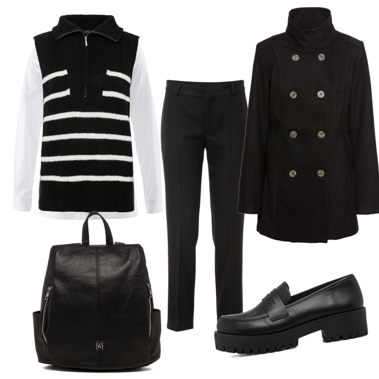Outfit donna - Il gilet in maglia. Stile Mannish per Ufficio. Abbinamento con camicie, pantaloni, caban, gilet, mocassini, zaini.