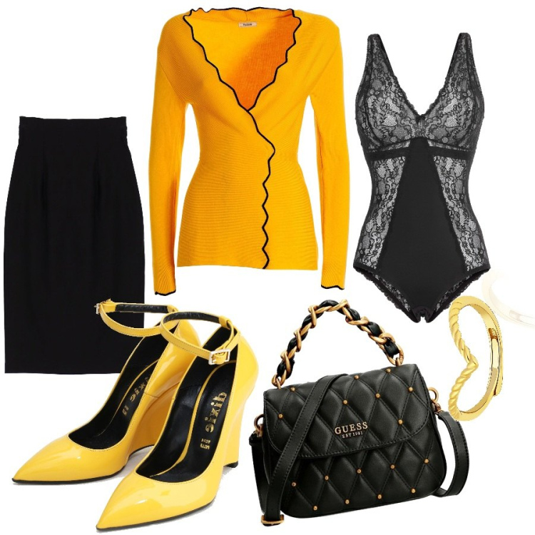 Outfit donna - Total look #1481880. Stile Chic per Serata fuori. Abbinamento con body, borse a mano, cardigans, gonne longuette, anelli, décolleté.