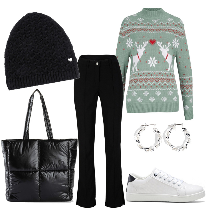 Outfit donna - Xmas Is coming. Stile Basic per Tutti i giorni. Abbinamento con orecchini, berretti, pantaloni, maglieria, sneakers, shopping bag.