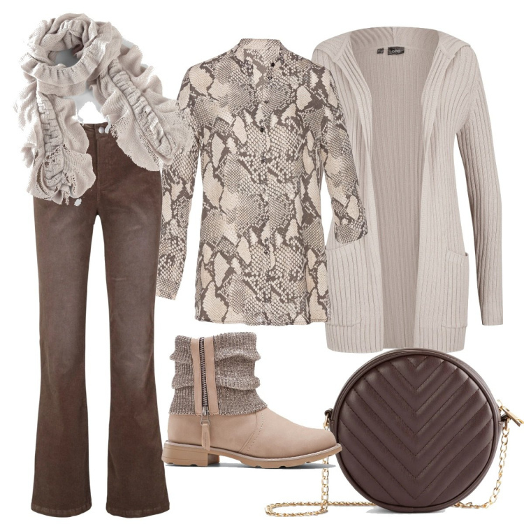 Outfit donna - Natale al cinema. Stile Casual chic per Tutti i giorni. Abbinamento con stivaletti, pantaloni, cardigans, camicie, borse a tracolla, foulard.