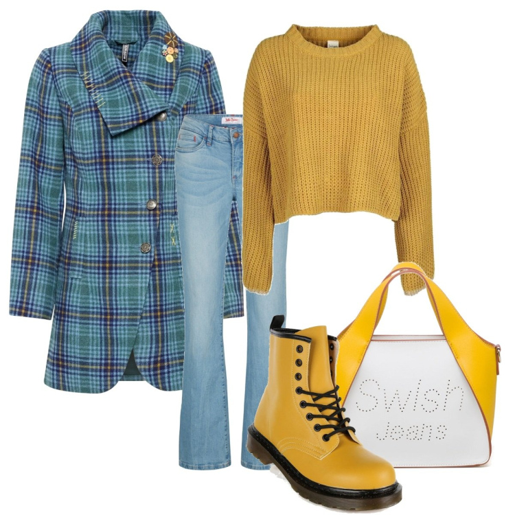 Outfit donna - Il cappotto a quadri. Stile Casual per Scuola/Università. Abbinamento con jeans bootcut, cappotti, anfibi, maglieria, borse a mano.